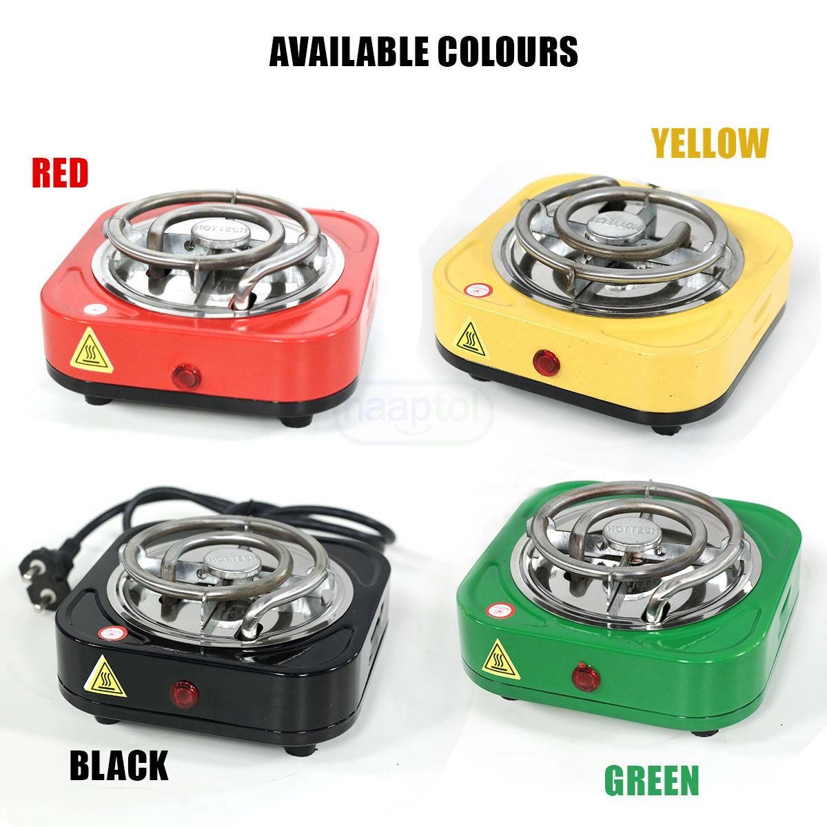 Four portable electric burners in red, yellow, black, and green with color options displayed.