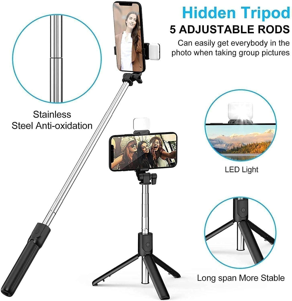 Smartphone held by a selfie stick with features highlighted on a white background