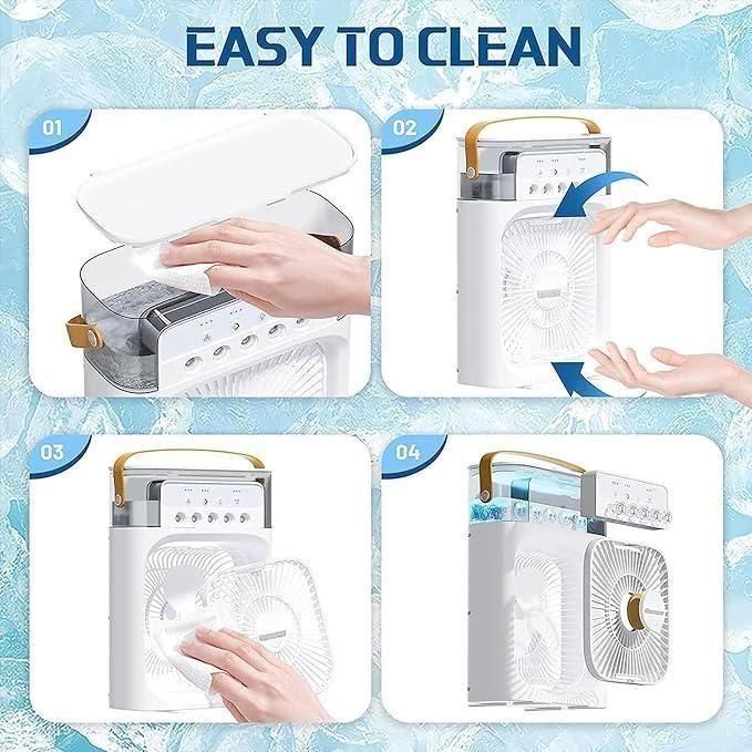 Collage showing how to clean a portable air conditioner with text 'Easy to Clean'.