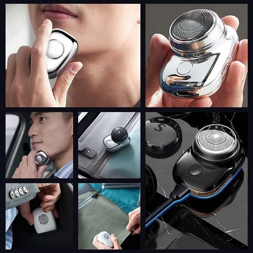 Collage of a person using a grooming device with close-up shots and different angles.