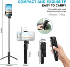 Compact selfie stick with smartphone holder, dimensions, and compatibility details on a white background.