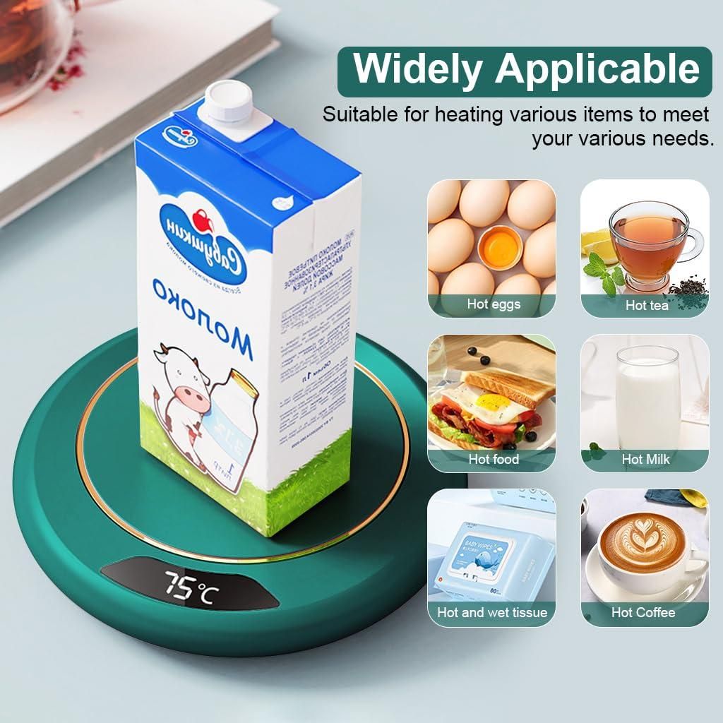 Green heating pad with a milk carton on top, displaying various uses on a light blue background.