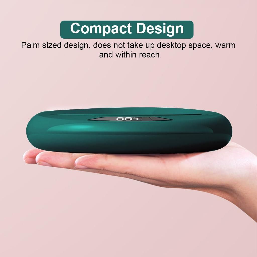 Compact green electronic device held in a hand with text about its size and warmth.
