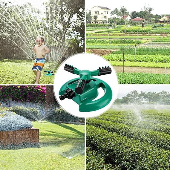 Garden sprinkler with images of it in use on grass, plants, and a garden.