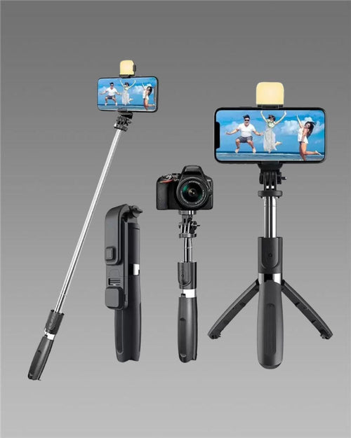 Multi-functional phone holder with tripod and selfie stick on a gray background