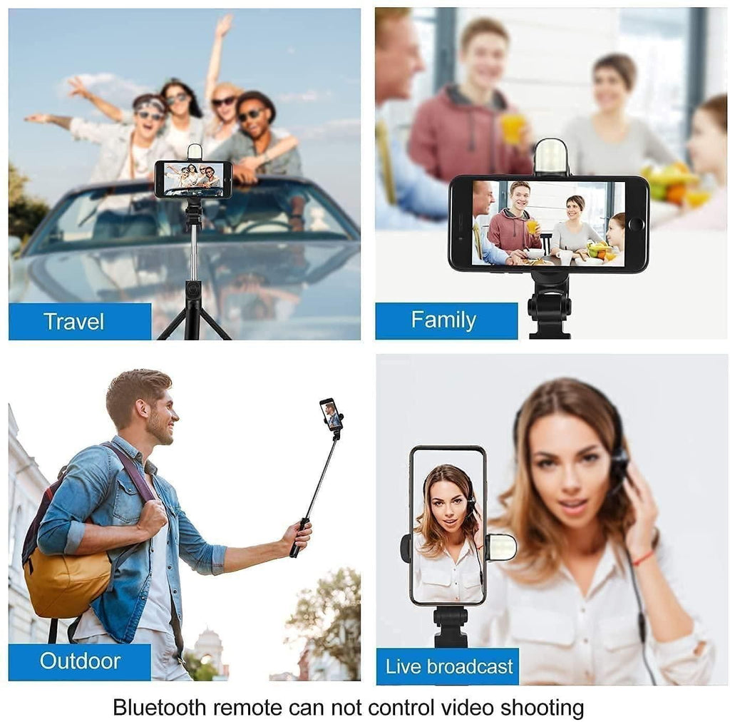 Collage of a smartphone with a selfie stick in various scenarios including travel, family, outdoor, and live broadcast.