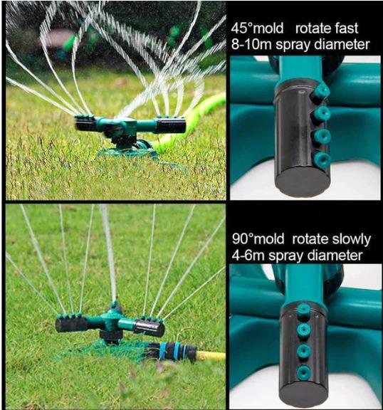 Garden sprinkler with water spray patterns and features on a grass background