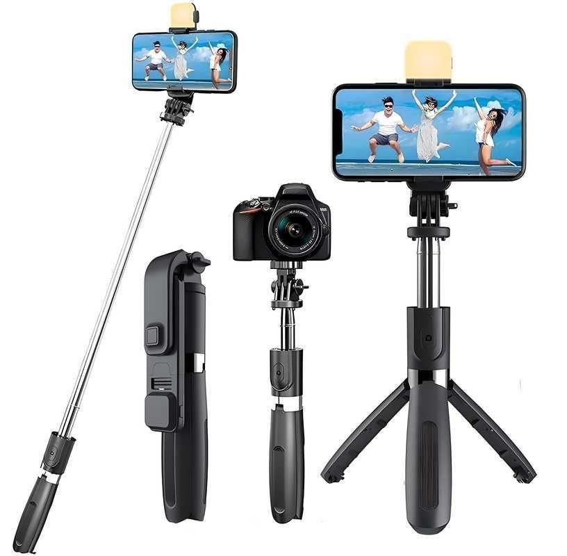 Multi-function camera and phone holder with tripod and selfie stick on a white background