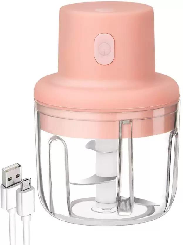 Pink handheld chopper with USB cable on a white background