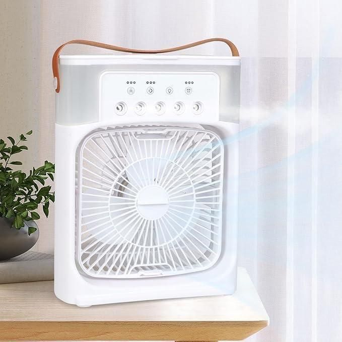 White air purifier on a wooden surface with a plant in the background