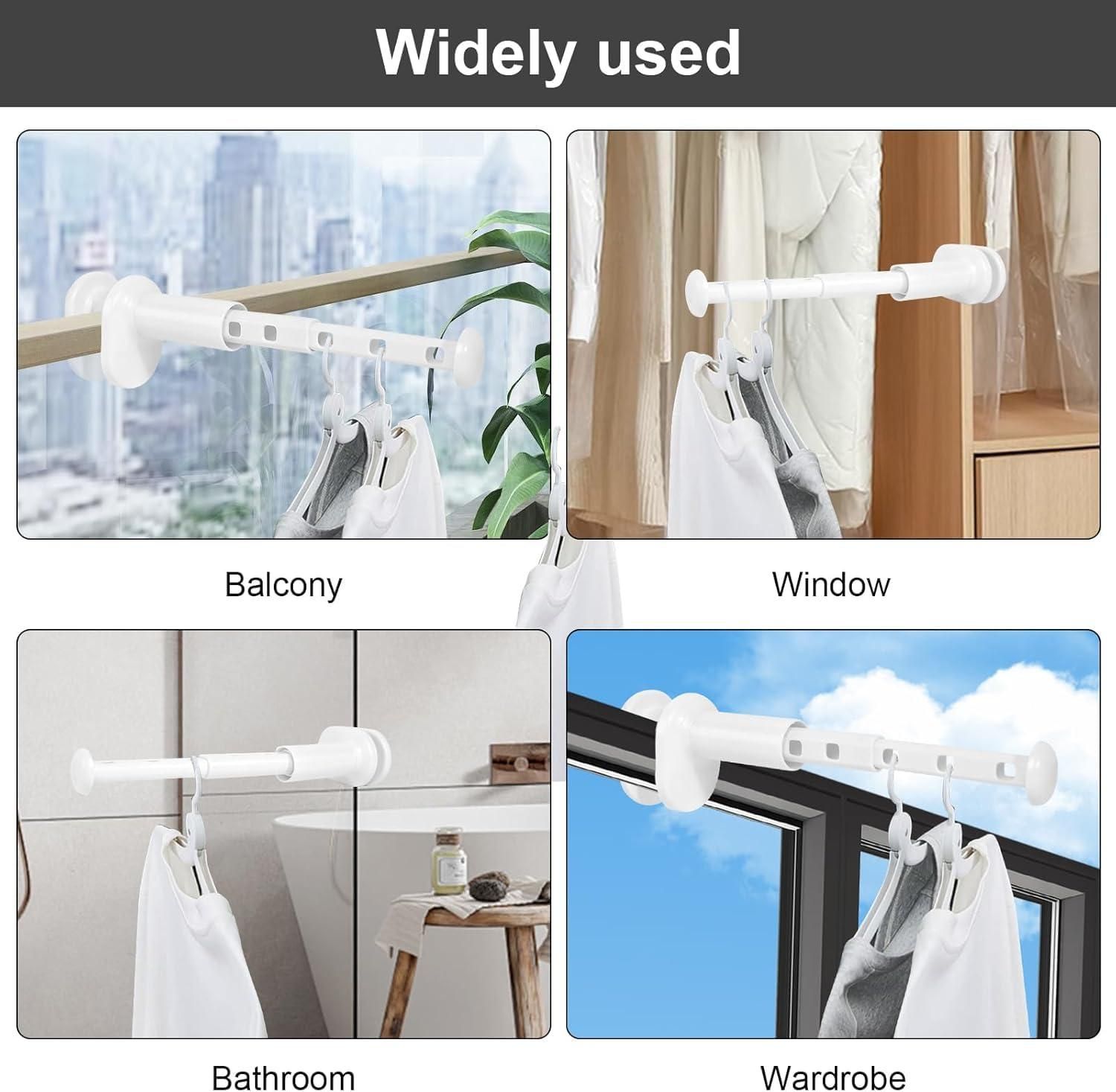 White curtain rod with various usage scenarios including balcony, window, bathroom, and wardrobe.