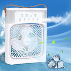 Portable fan with ice cubes and cooling effects on a blue background